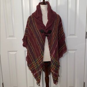 Accessory Street  Plaid Burgundy Poncho with Toggle Closure NWT